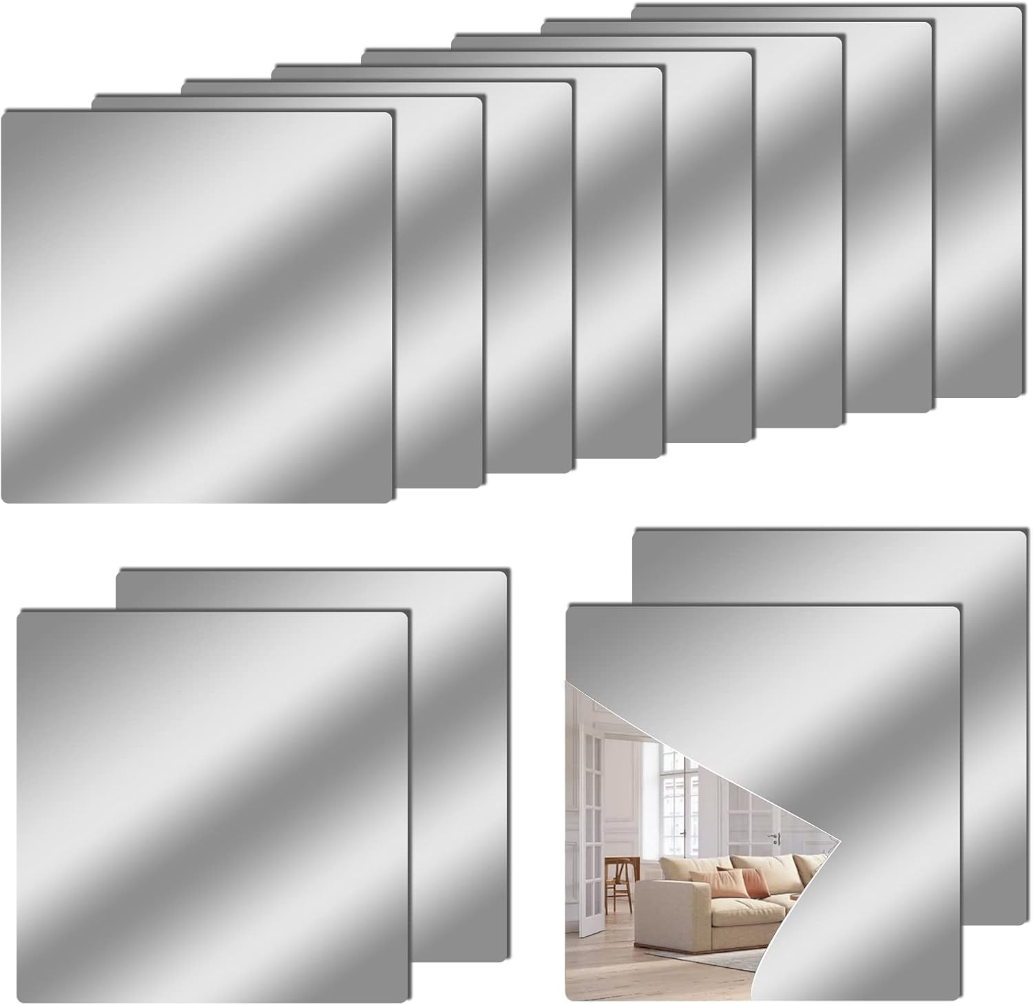 12″ x 12″ Acrylic Flexible Mirror Sheets, 12 Pack Self-Adhesive Mirror Tiles, Sq