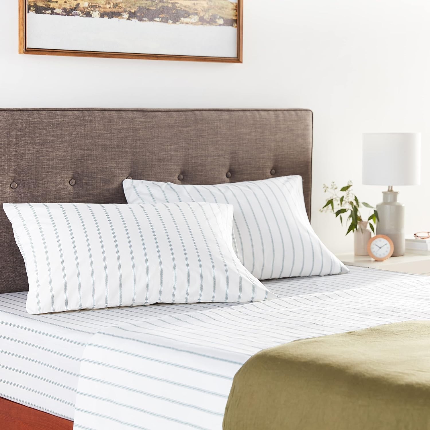 Queen Sheets, Cotton Percale Queen, Trenton Stripe Green
