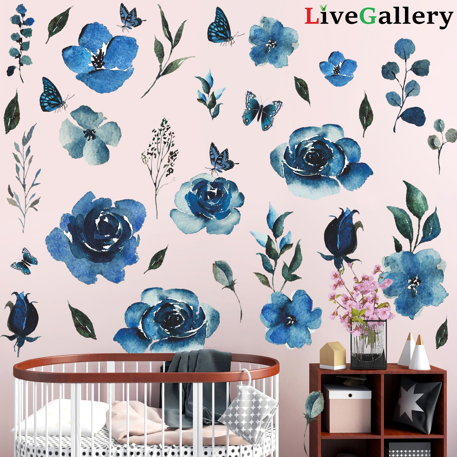 4 Sheets Watercolor Blue Roses Wall Decals Art 12 inch x 18 inch,