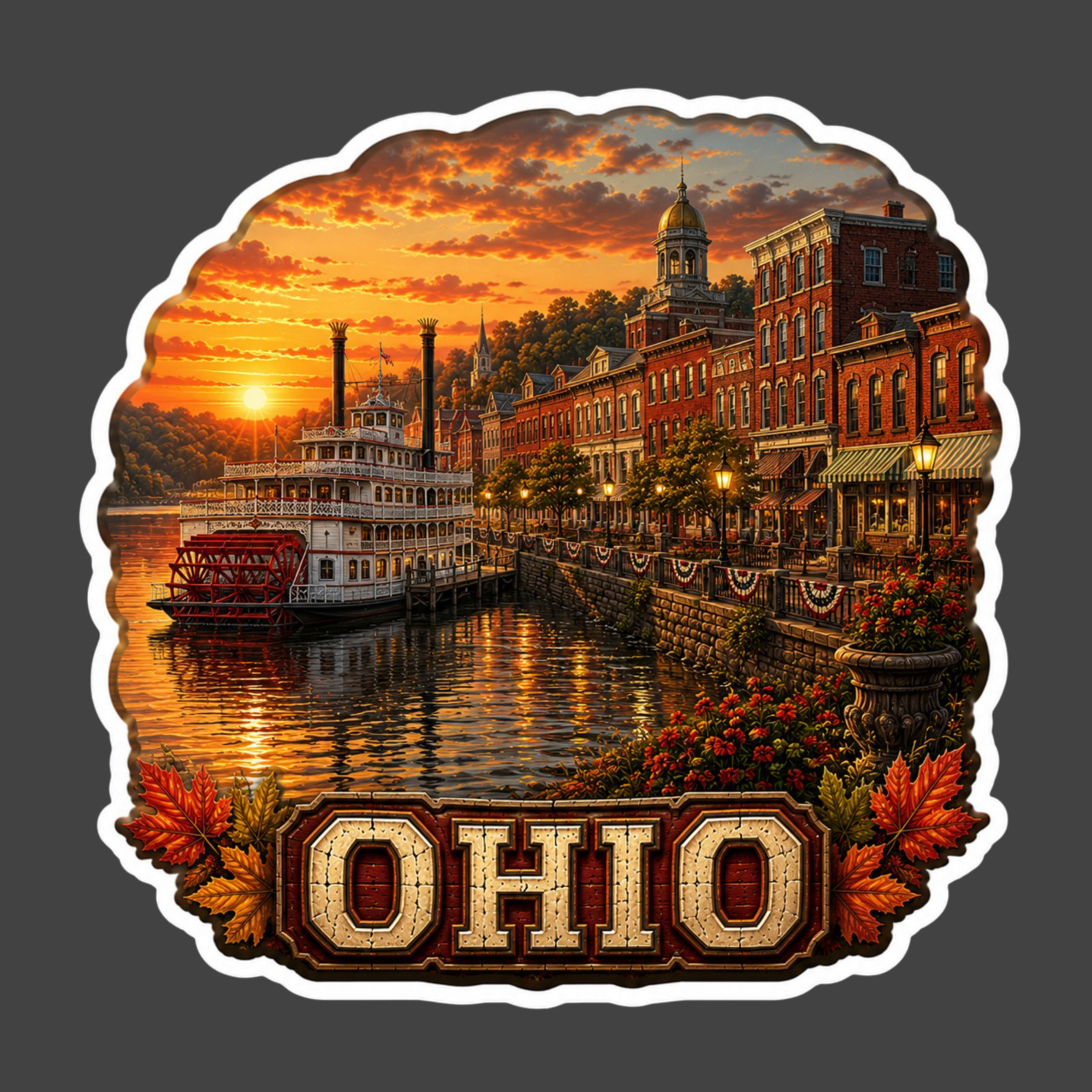 Ohio Sticker Vinyl Decal Riverboat Historic Town Waterfront Sunset Travel
