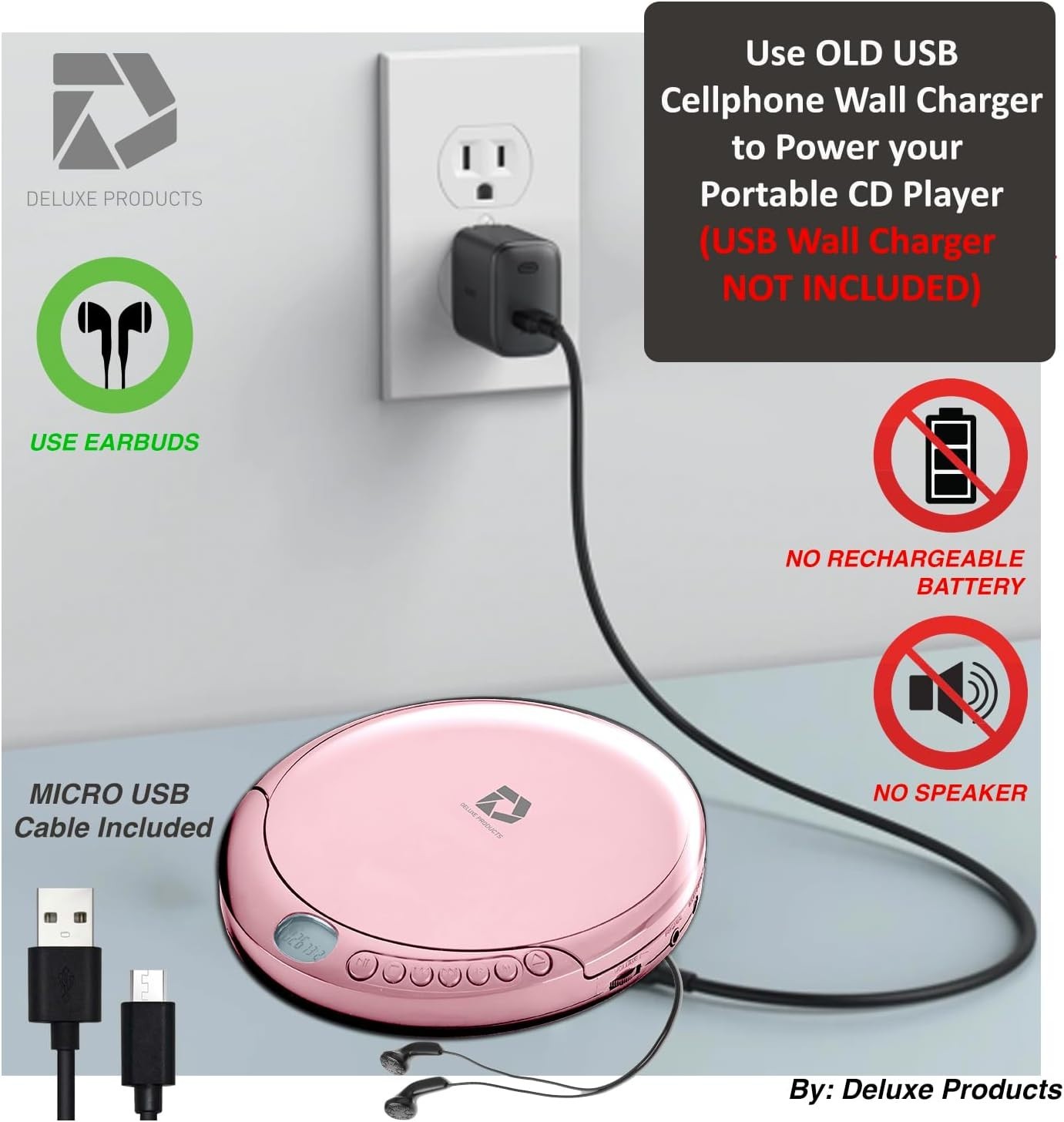Portable CD Player, Anti-Skip, Stereo Earbuds, Aux & USB Cable, Home/Car, Pink
