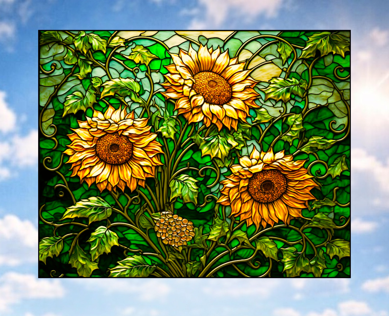 Wild Sunflowers Faux Stained-Glass WINDOW CLING Size 10″ Repositionable Vinyl