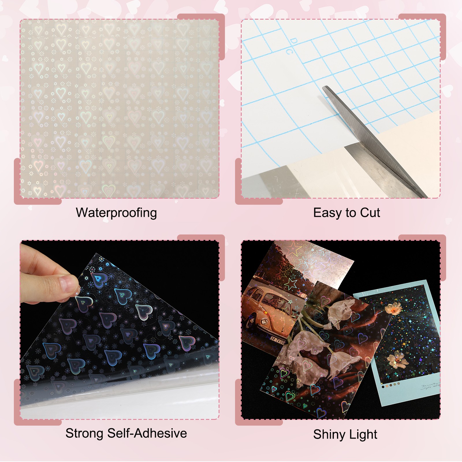 12 Sheets 8.3″x11.7″ Holographic Sticker A4 Self-Adhesive Film(Heart)