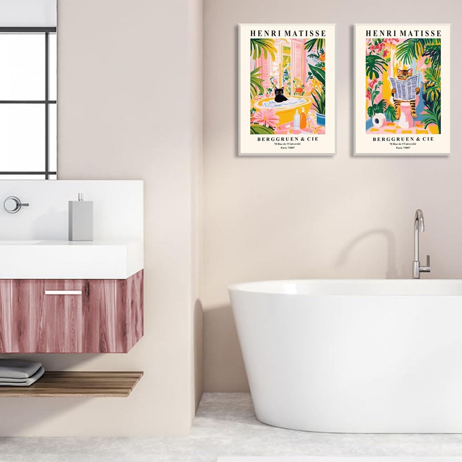 Funny Bathroom Wall Art Set of 2, Matisse Black Cat Wall Decor, Cute Tabby Ca…