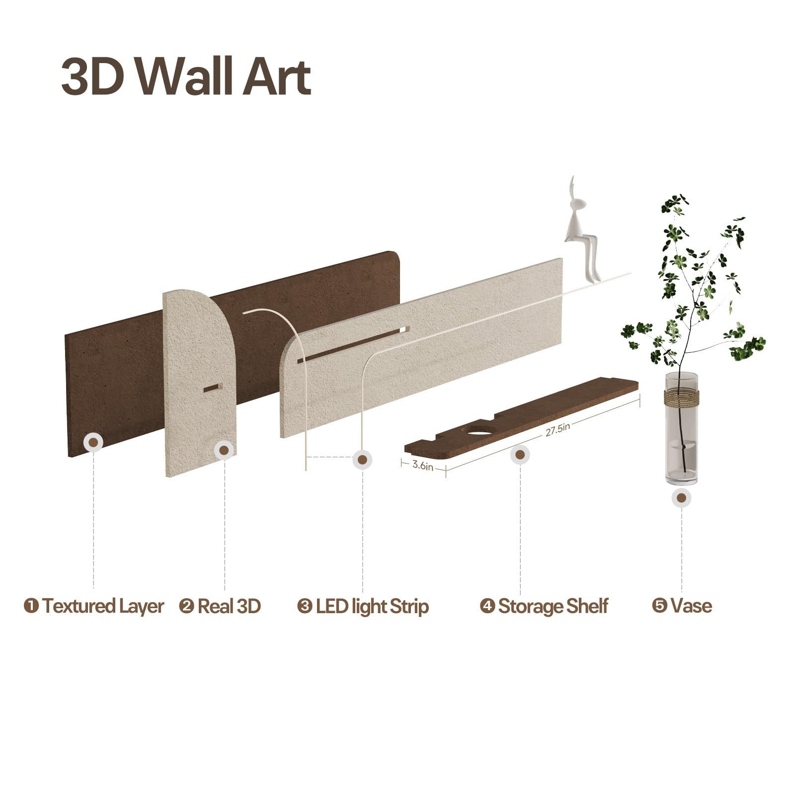 3D Textured LED Horizontal Wall Art Decor for Living Room, Large Lighted Neut…