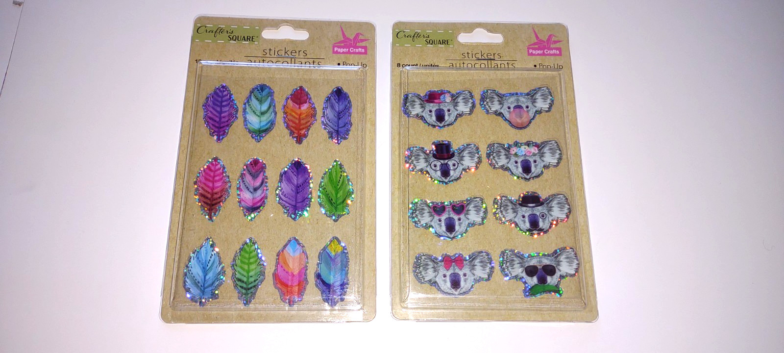 CRAFTERS SQUARE POP-UP STICKERS LOT OF 2 PACKS FEATHERS AND KOALAS NEW