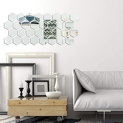 32 Pcs Silver Acrylic Hexagon Mirror Wall Stickers Removable Decor for Home O…