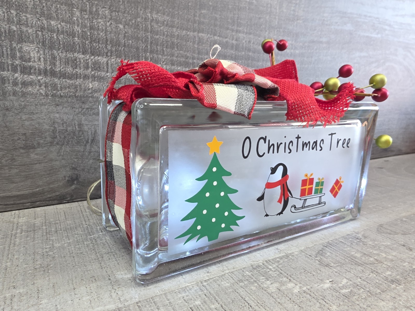Handcrafted Christmas Penguin Glass Block 8x4x3″ Lights Up O Christmas Tree g50