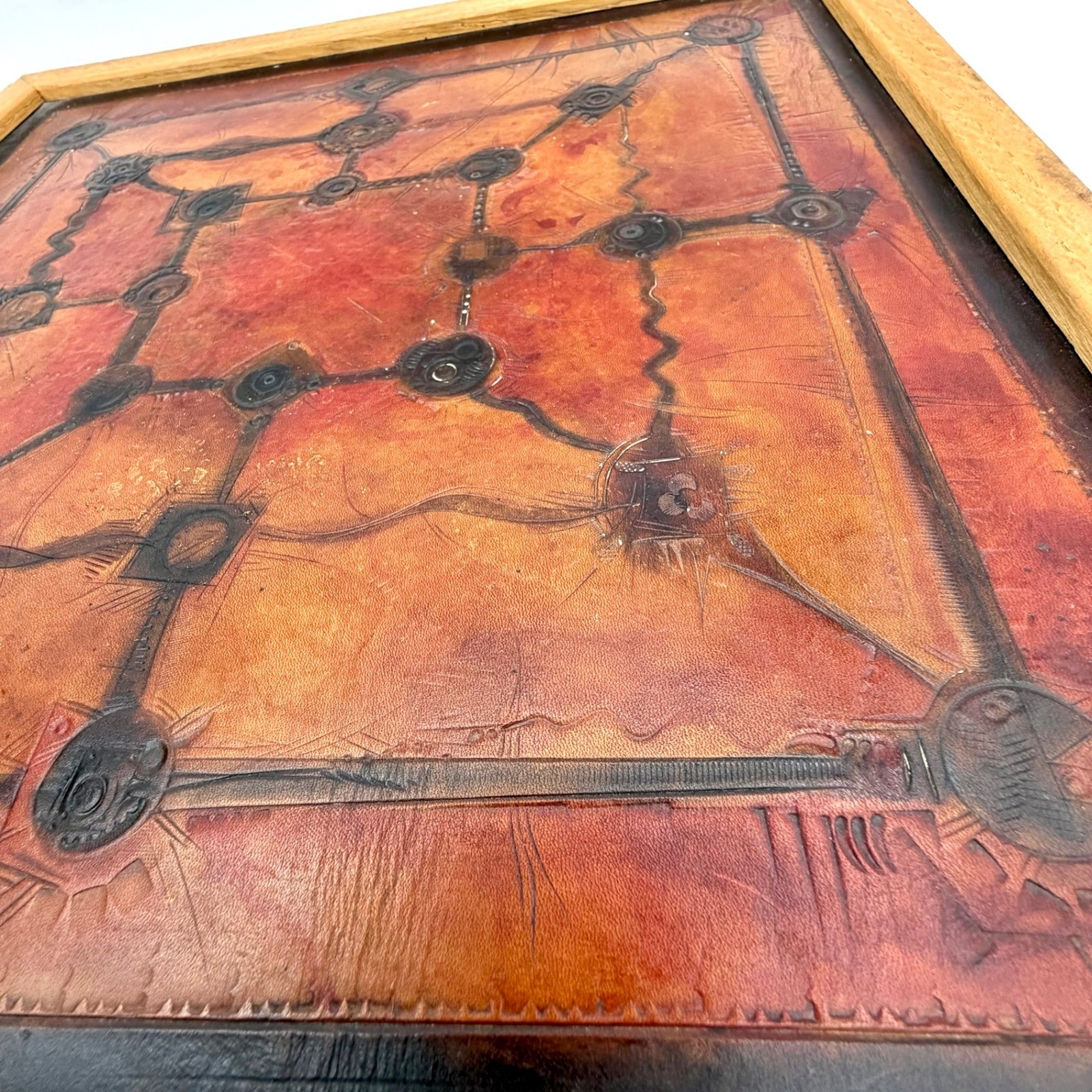 Vintage Tooled Leather Abstract Geometric Brutalist Wall Art Signed 96