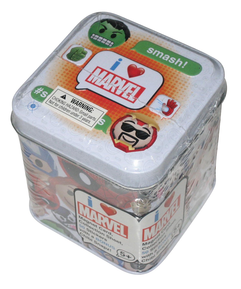 Marvel I Love Hulk & Iron Man Magnet Card, 50 Stickers & Chibi Snapz Tin