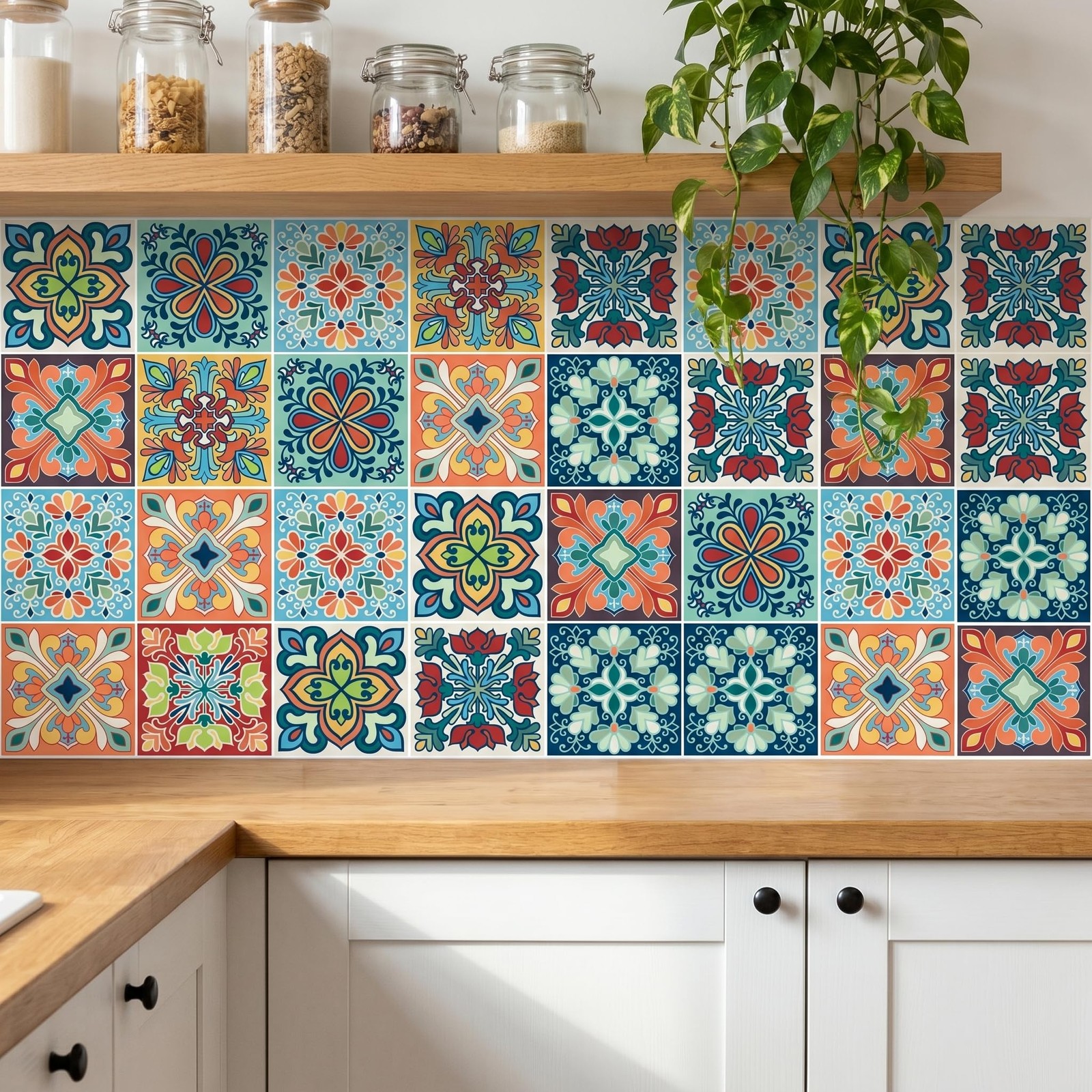 30 Pack, 4×4 Inch Colorful Bohemian Tile Stickers, Peel and Stick Patchwork V…
