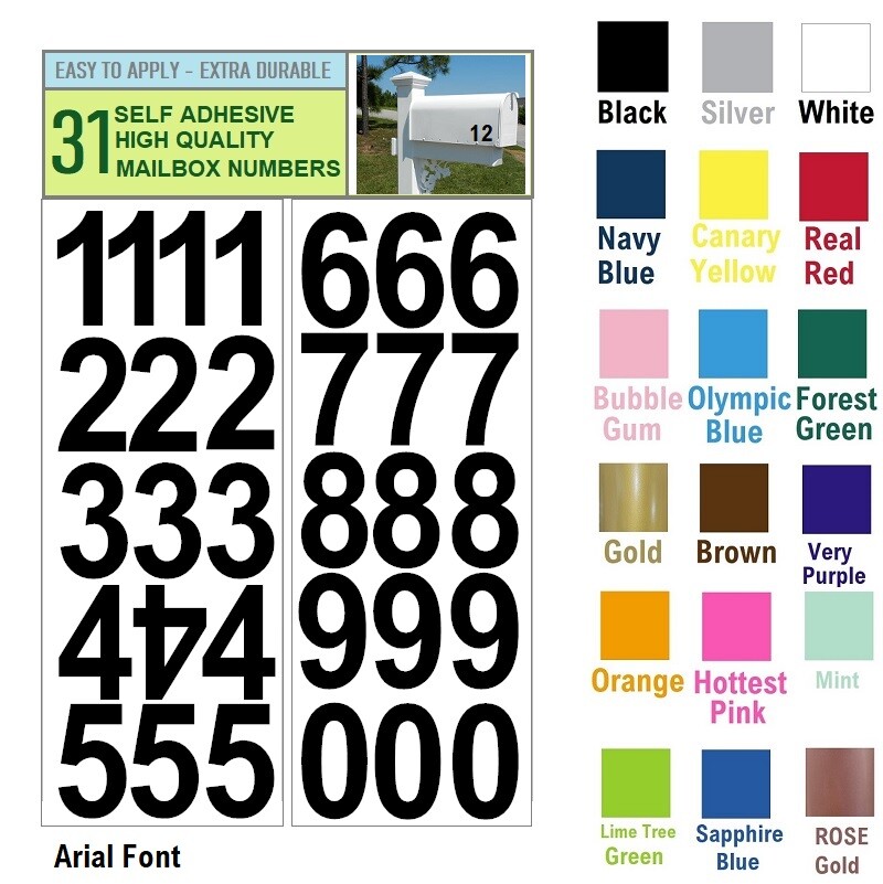 SET OF 31 1.5″ HIGH SELF ADHESIVE VINYL MAILBOX NUMBERS, DOOR, LOCKERS (Arial)