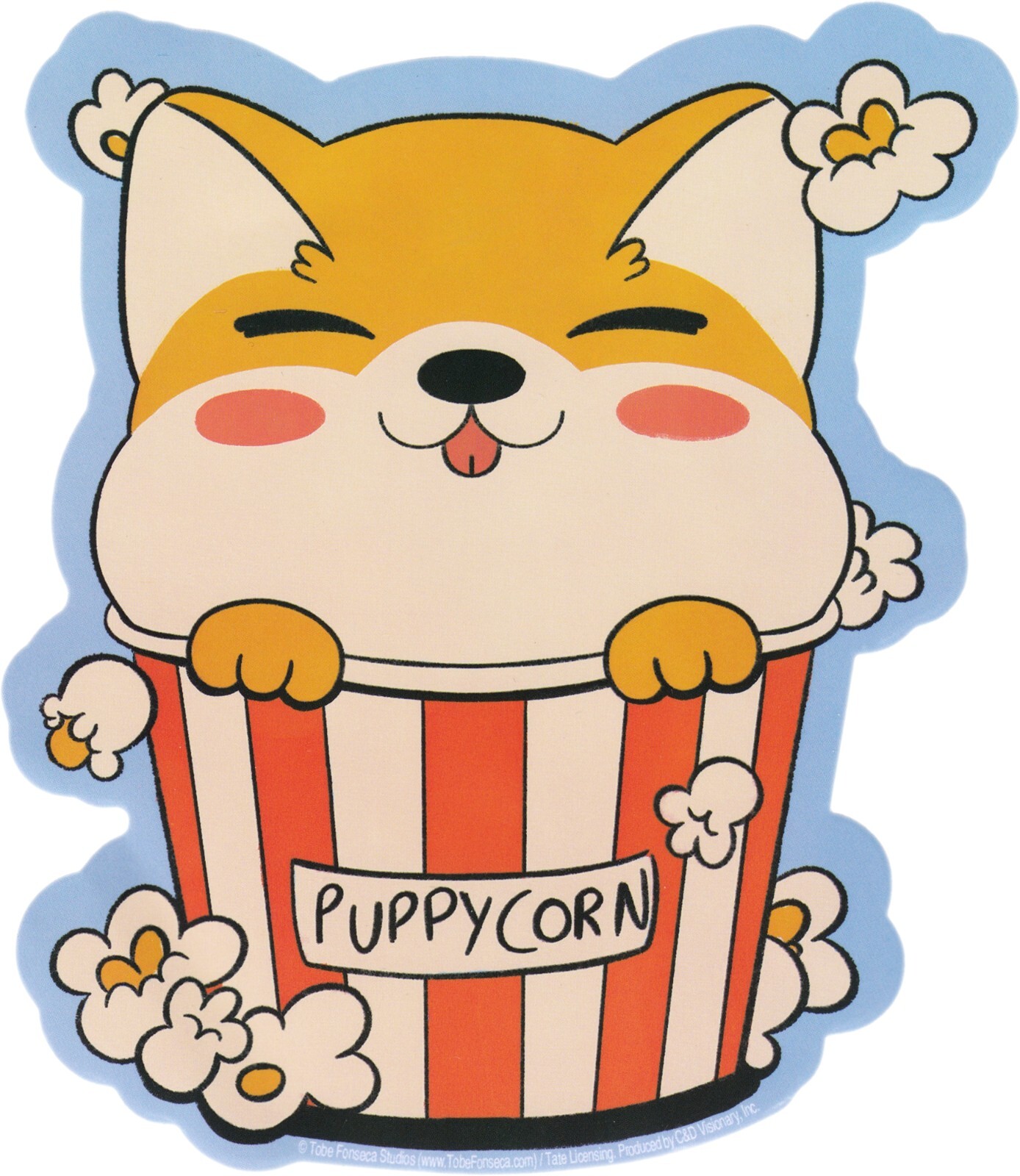 Sticker – Puppycorn Cute Corgi Pup In Popcorn Bucket 5.5″ x 4.63″ Die Cut #10321