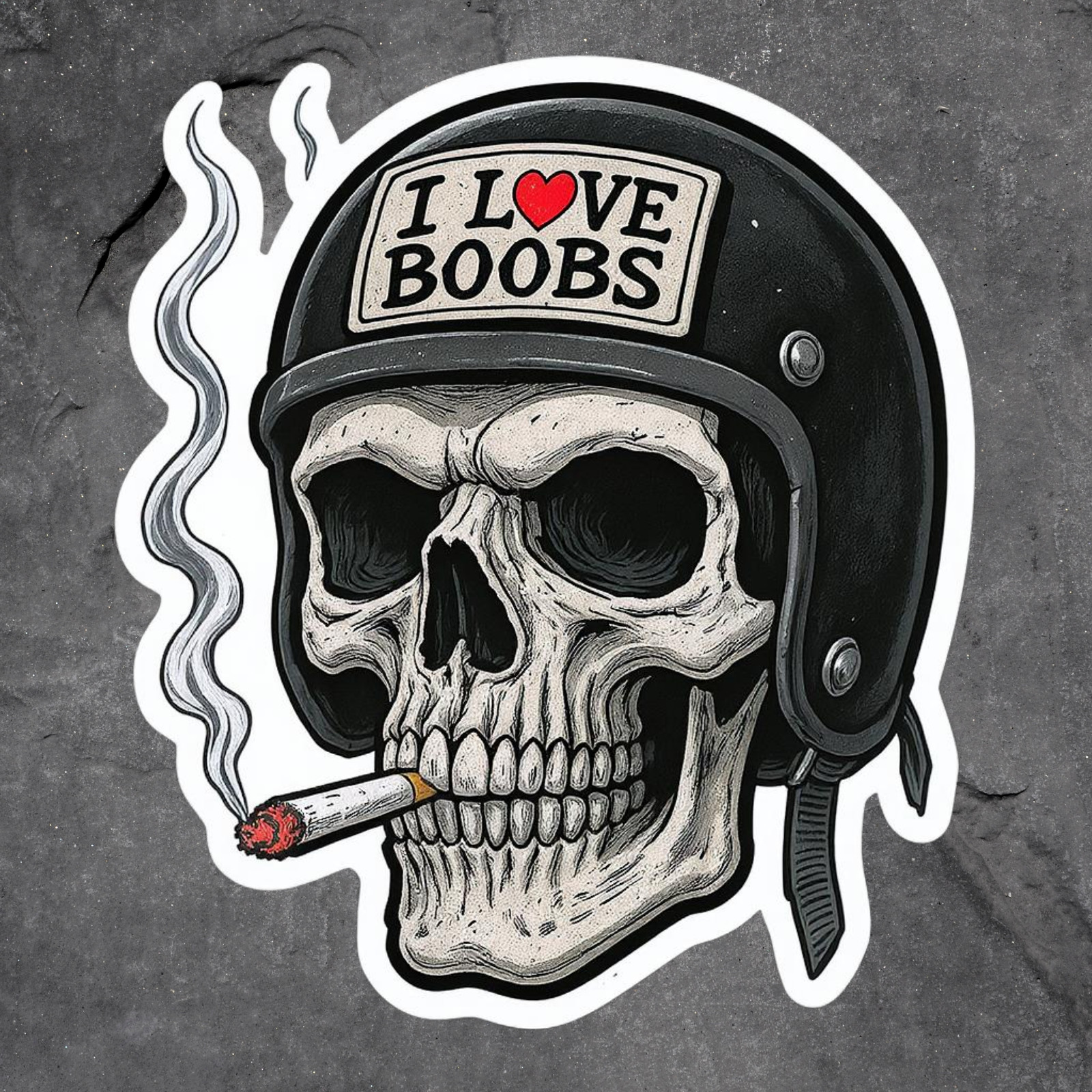 Skull Helmet I Love Boobs Sticker Vinyl Decal Funny Biker Smoking Skull