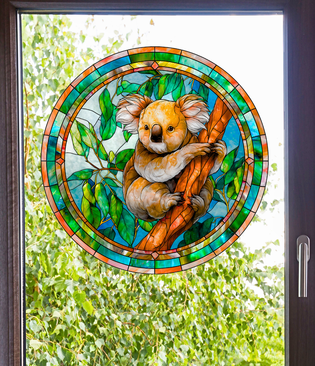 Koala Bear Faux Stained-Glass WINDOW CLING Size 8″ Round Repositionable Vinyl
