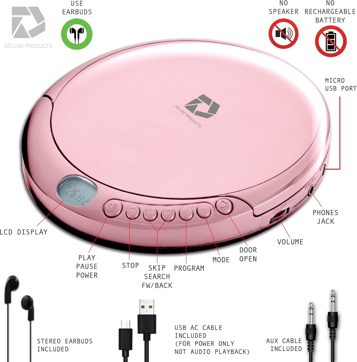Portable CD Player, Anti-Skip, Stereo Earbuds, Aux & USB Cable, Home/Car, Pink