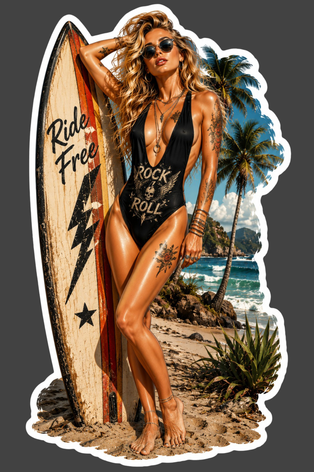 Pinup Girl Sticker Vinyl Decal Surf Ride Free Beach Tattoo Rock Roll