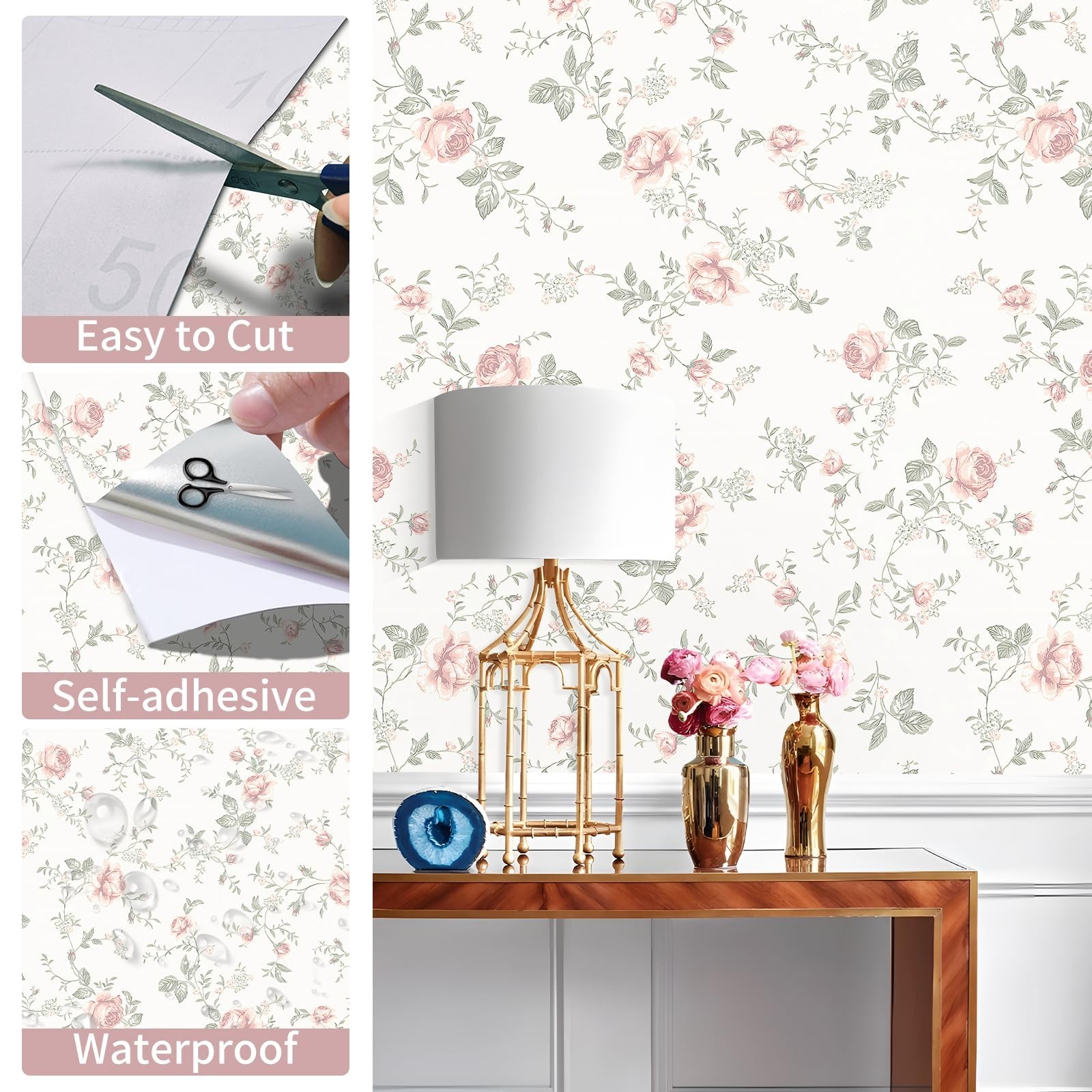 Floral Peel and Stick Wallpaper Boho Rose Flower Beige Contact Paper Removabl…