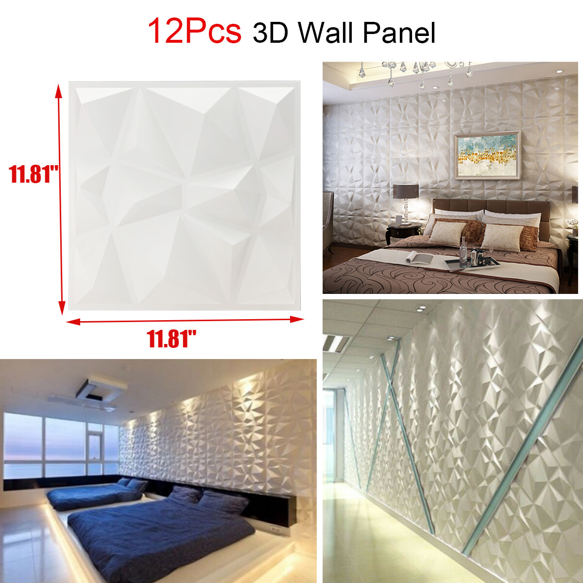 12Pcs PVC 3D Effect Wall Panels 30x30cm for DIY Wallpaper Home Decor White Color