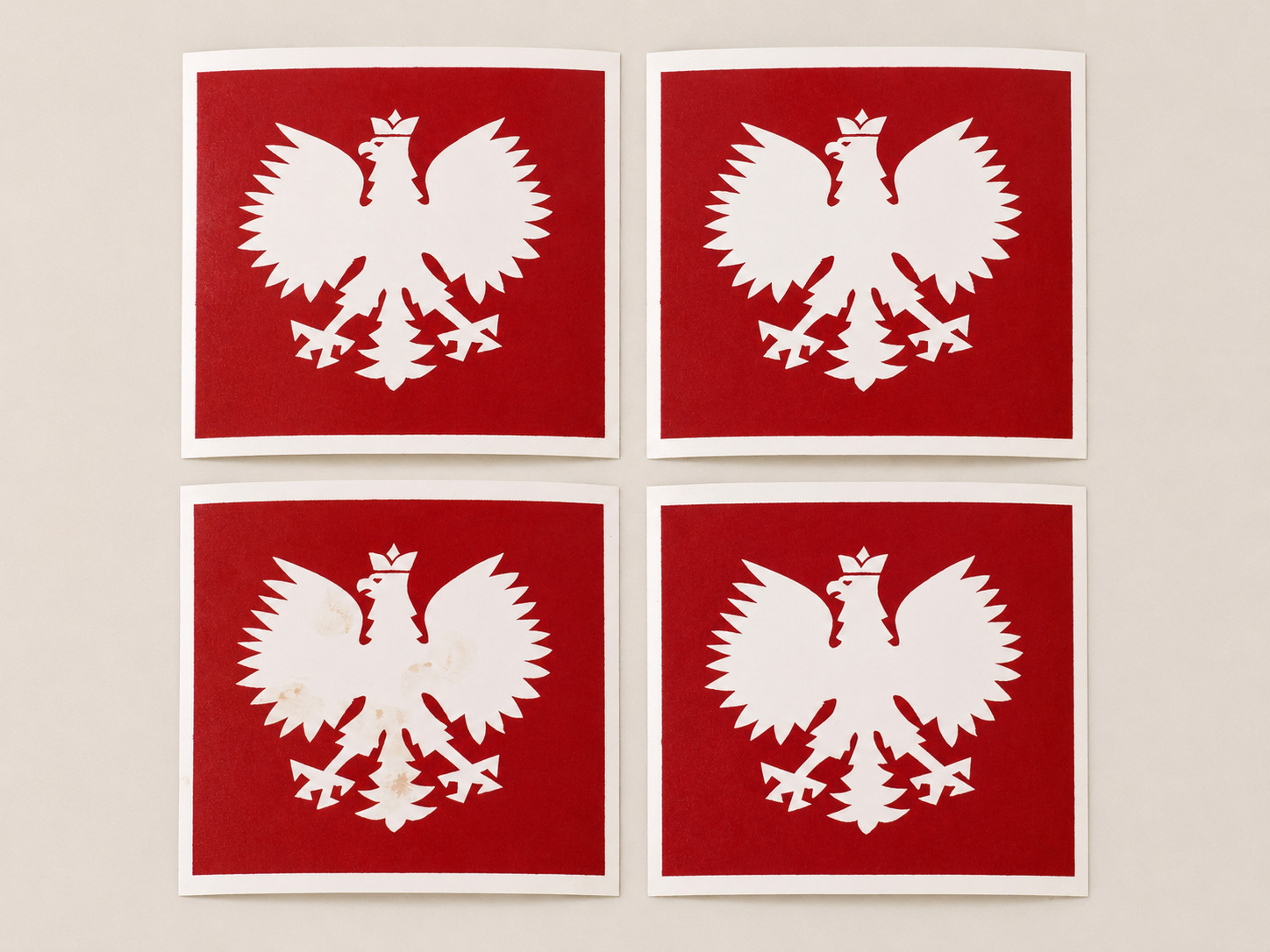 Set of 4 Vintage Poland White Eagle Stickers Fasson Crack’n Peel Plus 3in X 3in