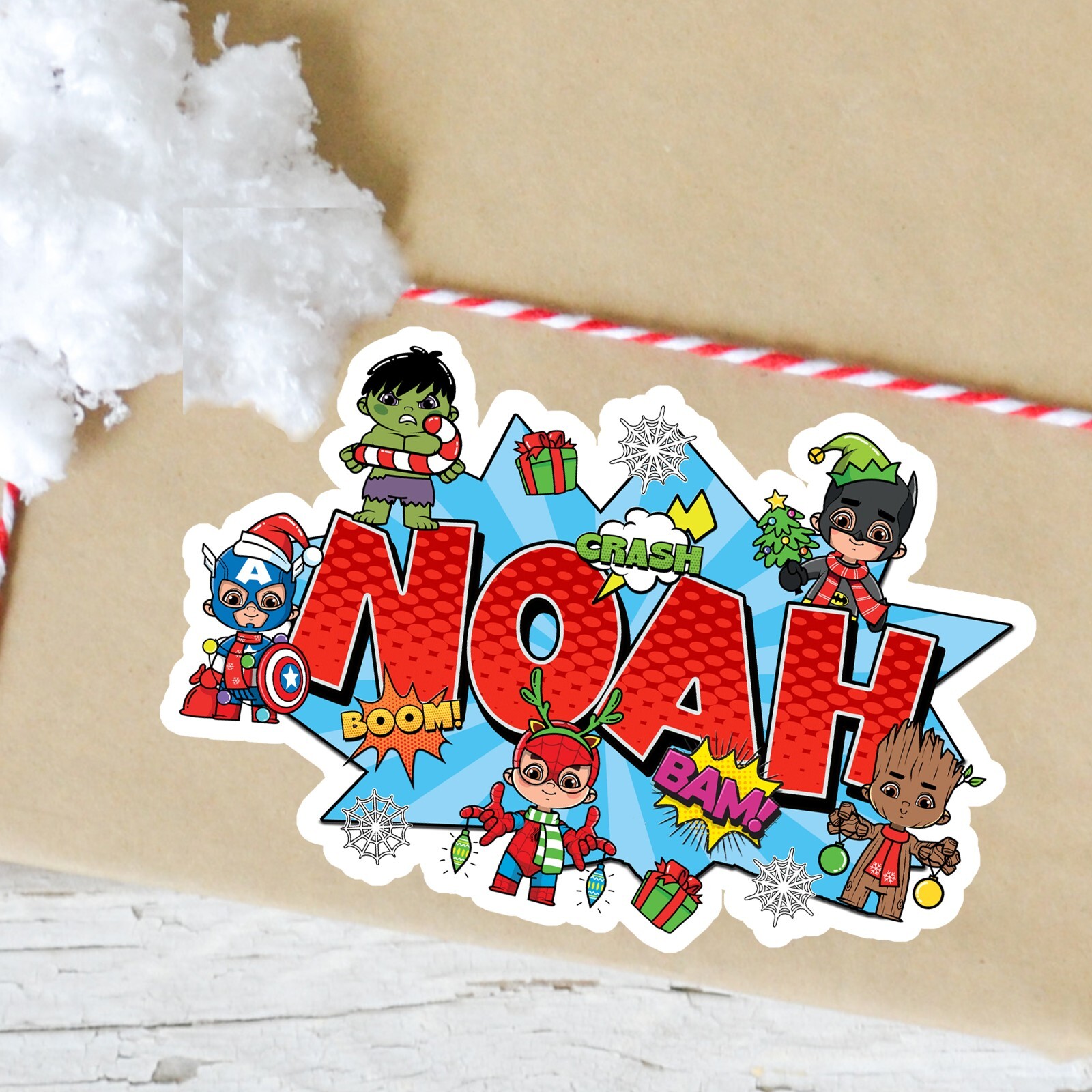 Custom Christmas Name Sticker Comic Book Style Superhero Kids Vinyl Decal