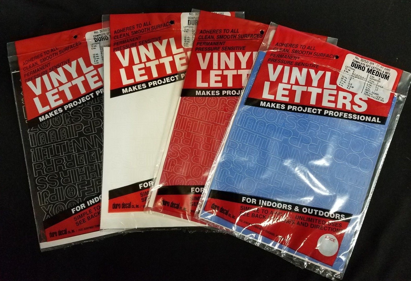 Vinyl Letters 1/2″-6″ Duro Medium Permanent #s & Letters-Black, White, Red, Blue
