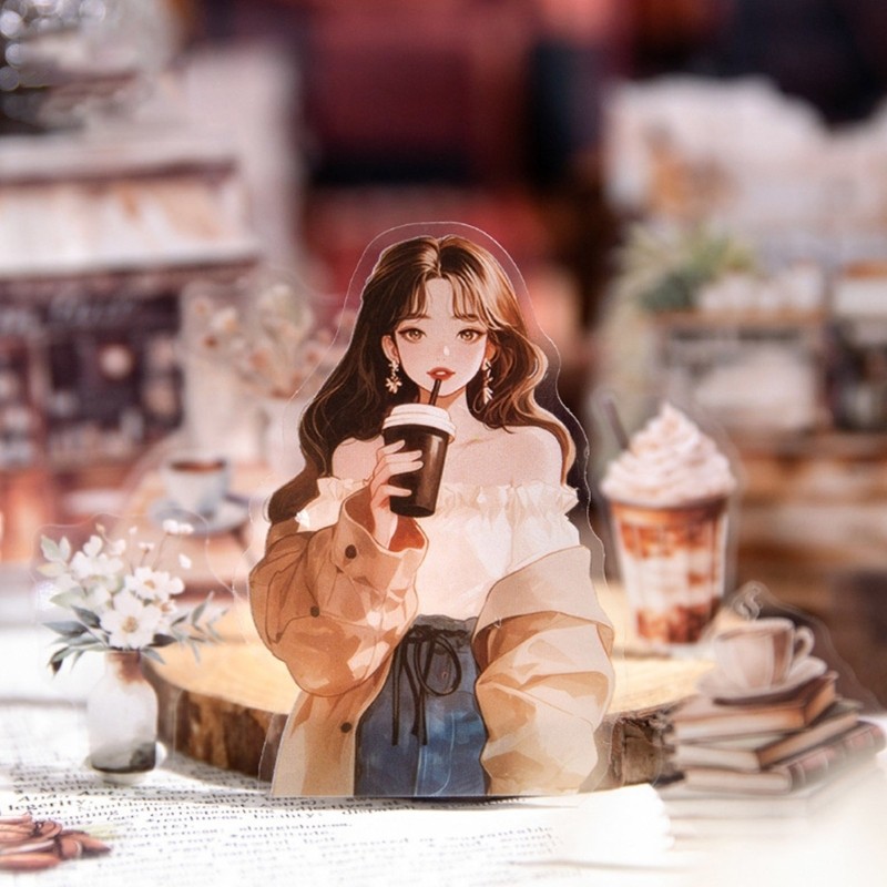 30 Sheets Adhesive Sticker Decorative Sticker Coffee Girl Character Sticker