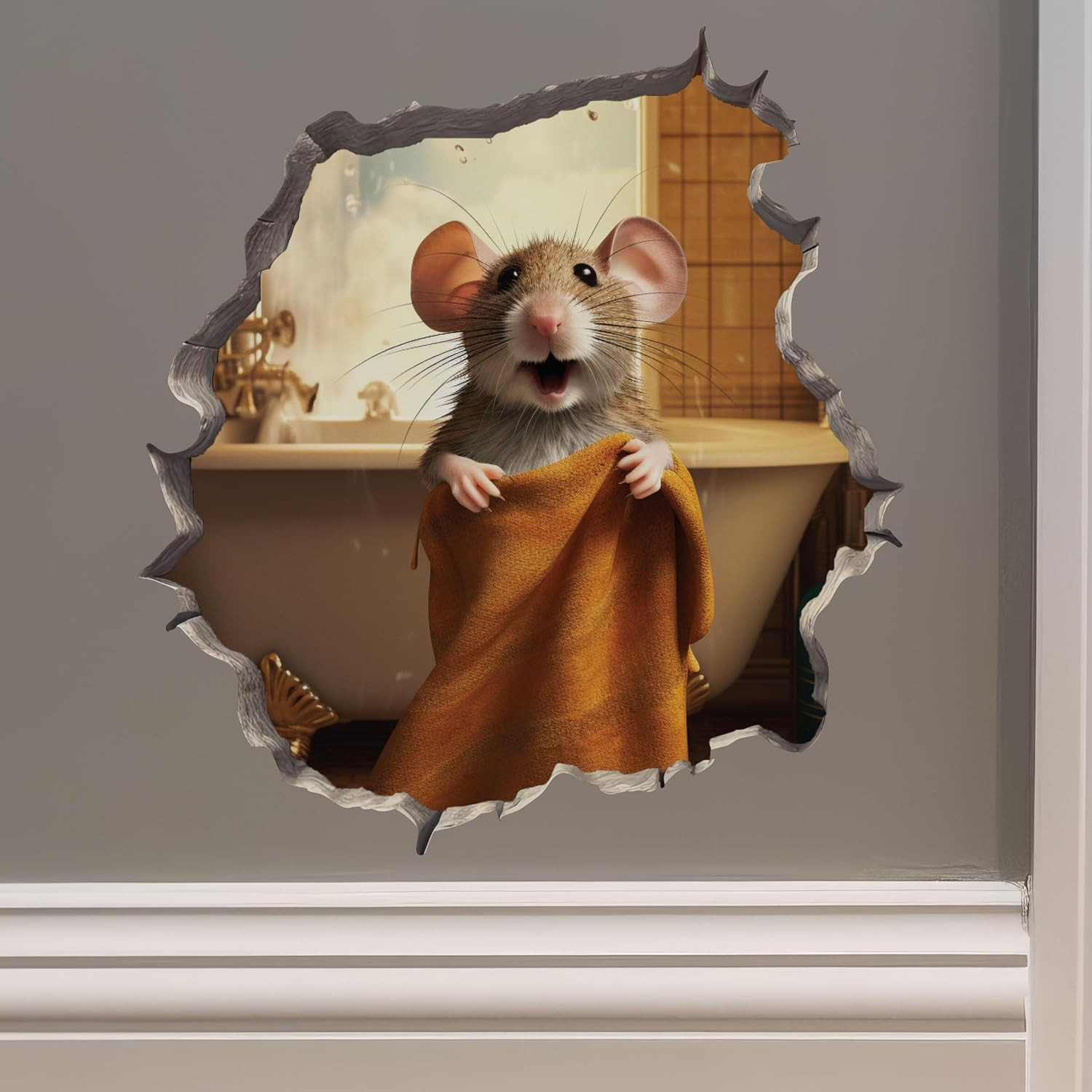 Bathroom Towel Mouse Wall Hole Decal – Wall Sticker with 3D Effect – Fun Gift Id