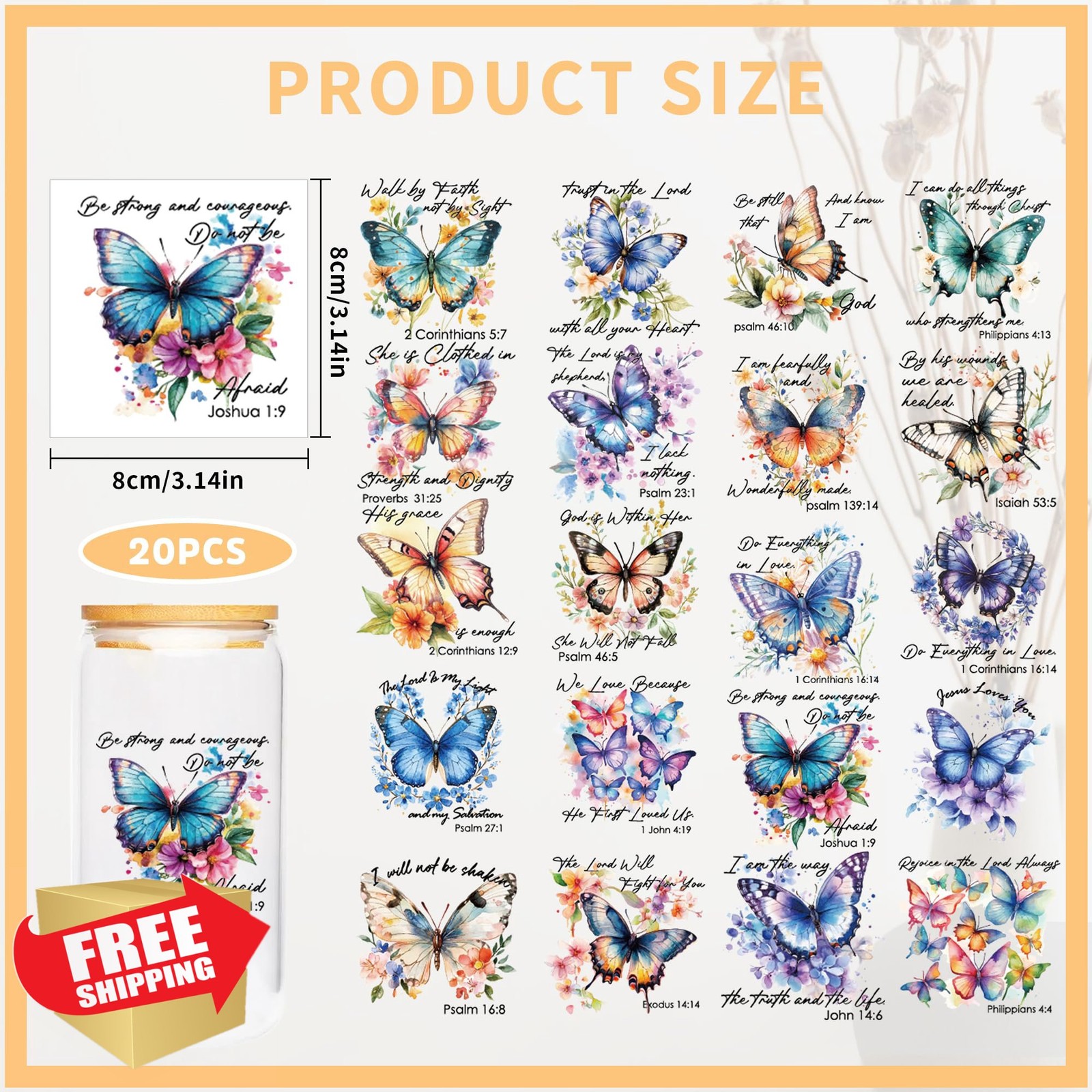 20 Butterfly UV DTF Cup Wraps 16oz Animal Waterproof Rub On Transfer Stickers