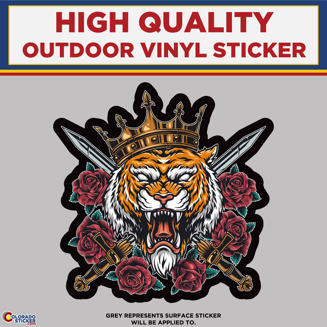 Tiger with Crown and Roses, High Quality Vinyl Stickers