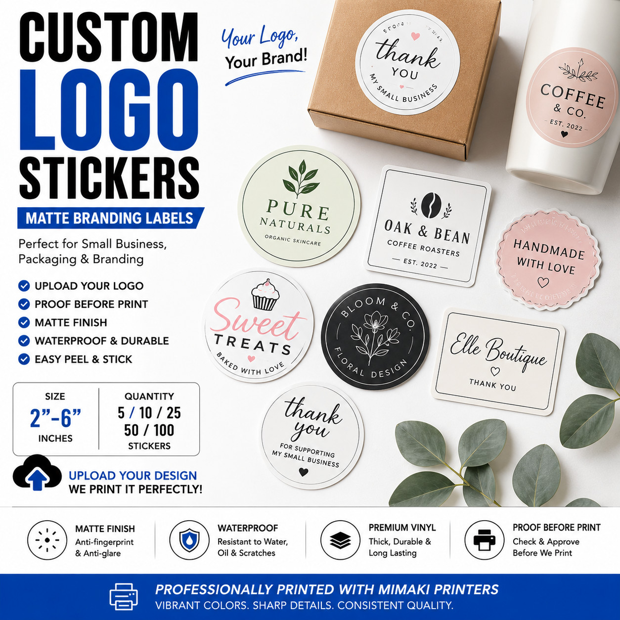 Custom Logo Stickers Matte Vinyl Labels Business Branding Decals 1-6″ Bulk