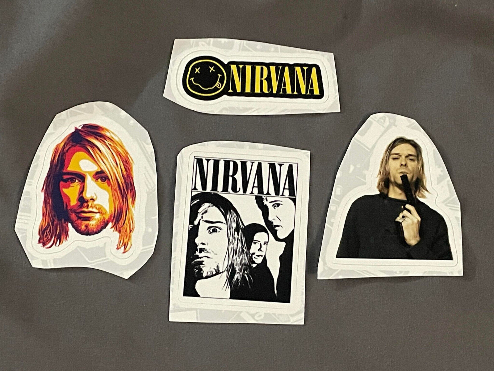 Lot of (4) Nirvana KURT COBAIN 3/4″ to 2 1/4″ Band Logo STICKERS Fast FREE SHIP!
