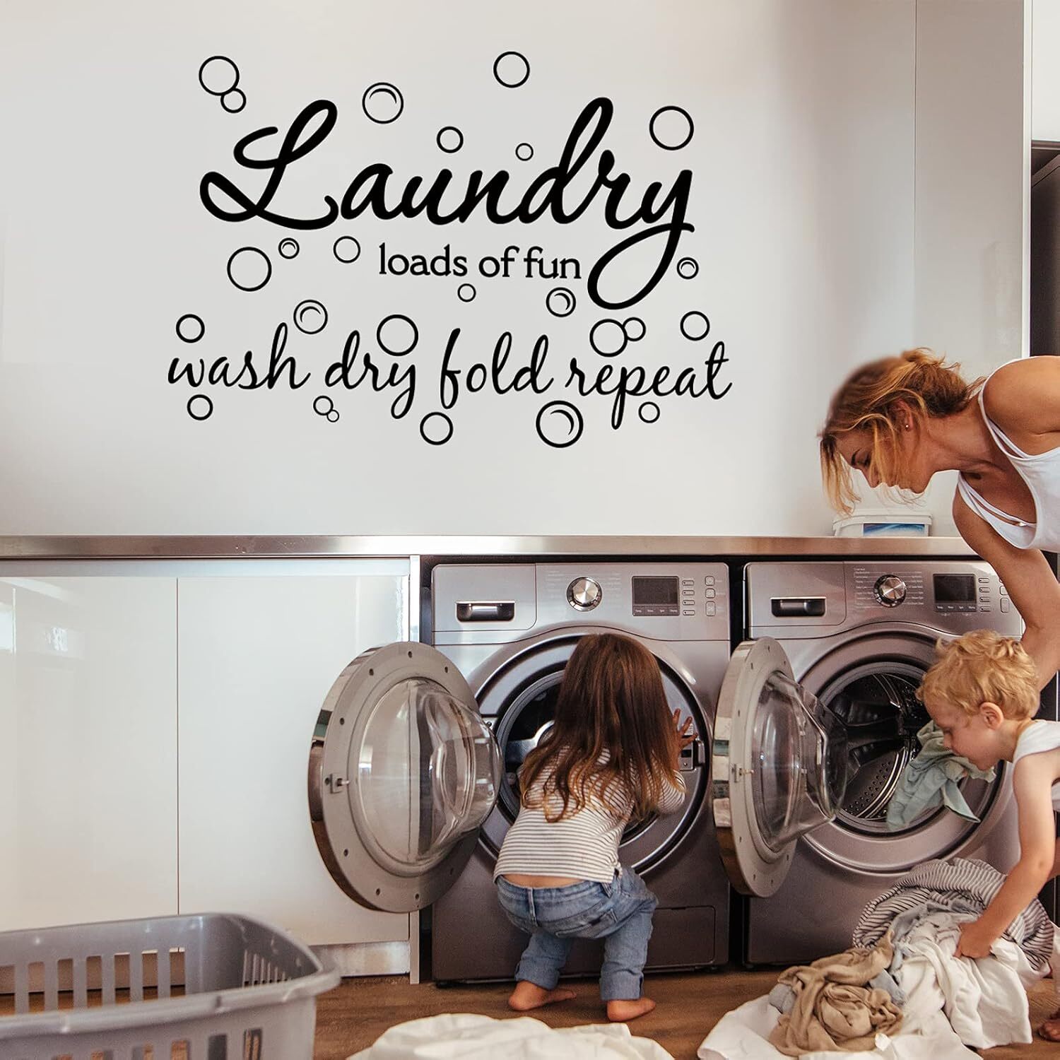 Laundry Room Vinyl Wall Decal Bubble Sticker Saying Loads of Black