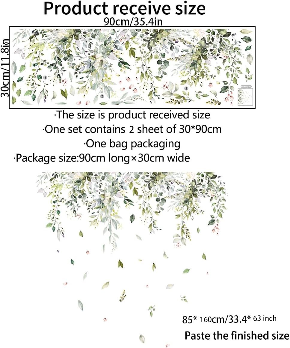 Green Leaf Wall Decals Hanging Vine Stickers Flower Butterfly Wall Art Decor