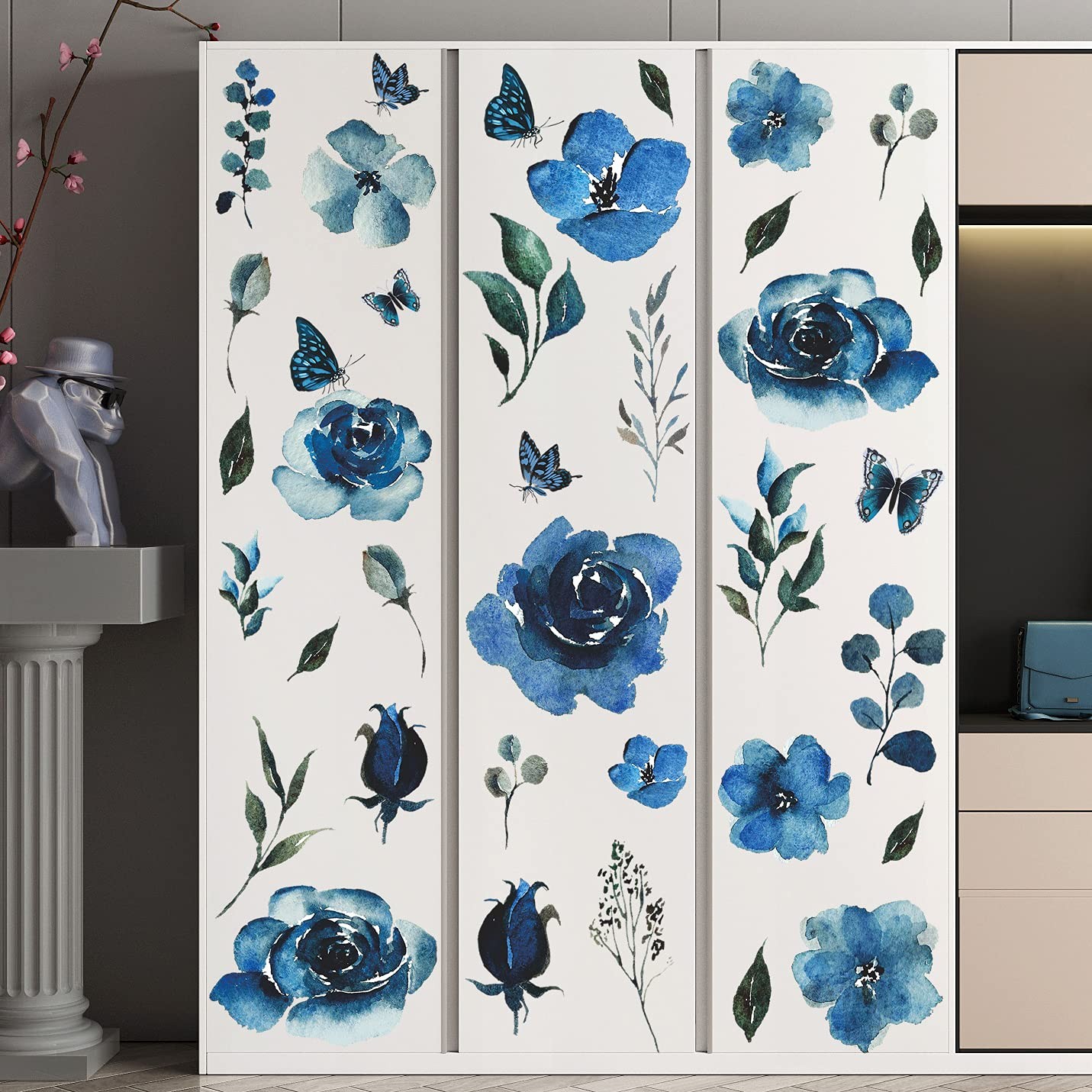 4 Sheets Watercolor Blue Roses Wall Decals Art 12 inch x 18 inch,