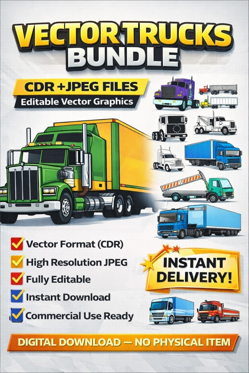 Vector Trucks Bundle, Truck Vector CDR Files, Editable Truck Clipart-Vector CDR