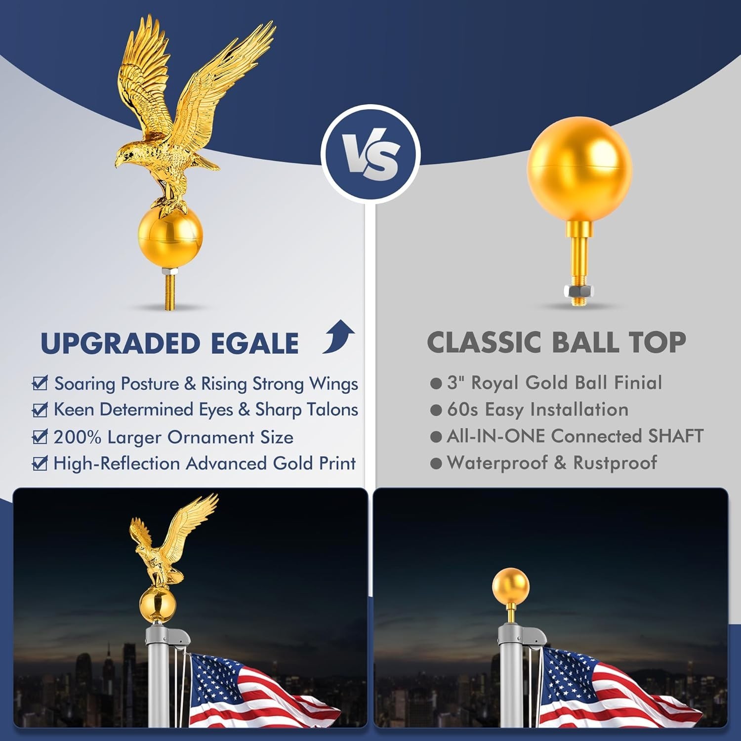 Gold Flag Pole Eagle Topper 11″, Gold Ball Topper 3″,1/2″-13 Threaded Screw w/He
