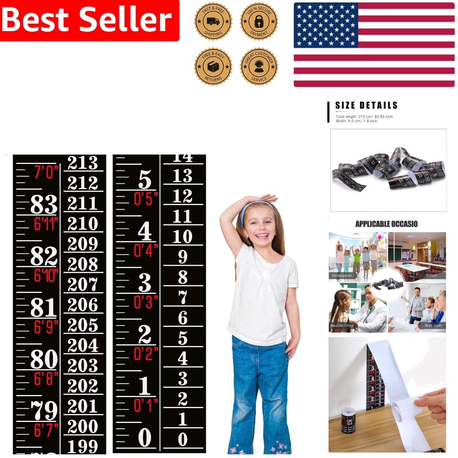 Growth Chart Ruler Black Adhesive Height Indicator Tape Measure Decor