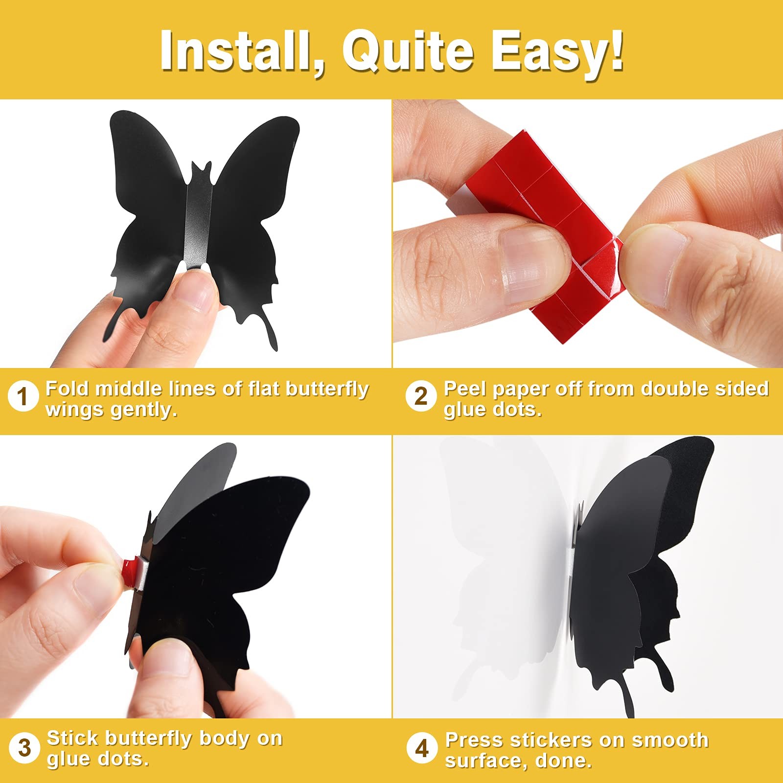 Ryangic 3D Butterfly Wall Decor 48pcs Black Polished Stickers 3 Sizes
