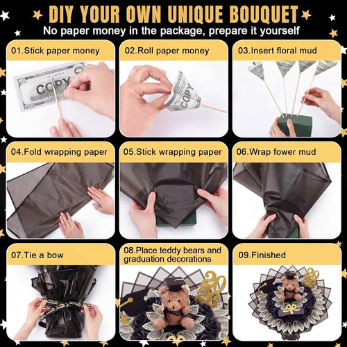 Chunful Graduation Gifts 2026, DIY Money Bouquet for 18 inch, Black and Gold