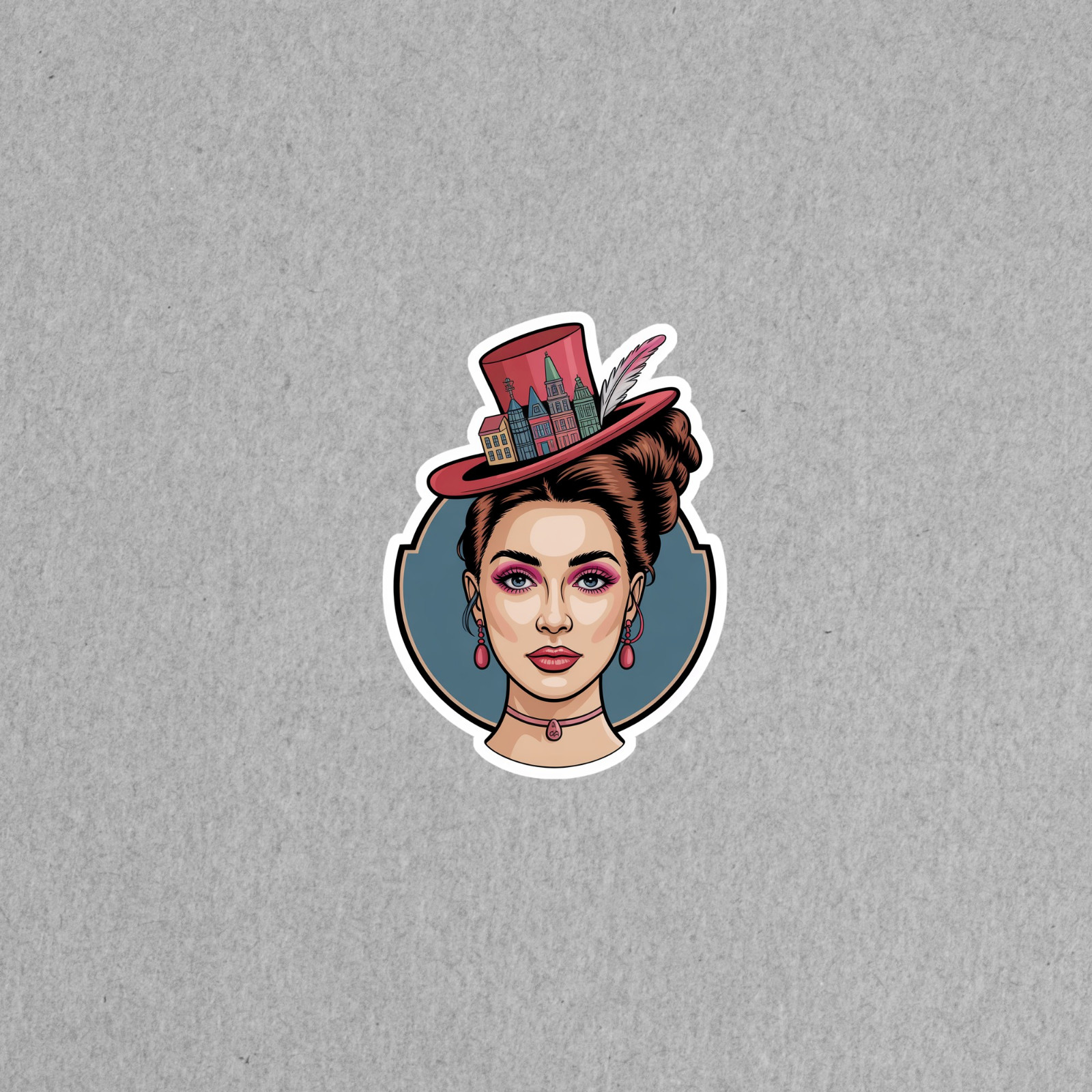 Vintage City Skyline Portrait Sticker with Pink Hat #6488