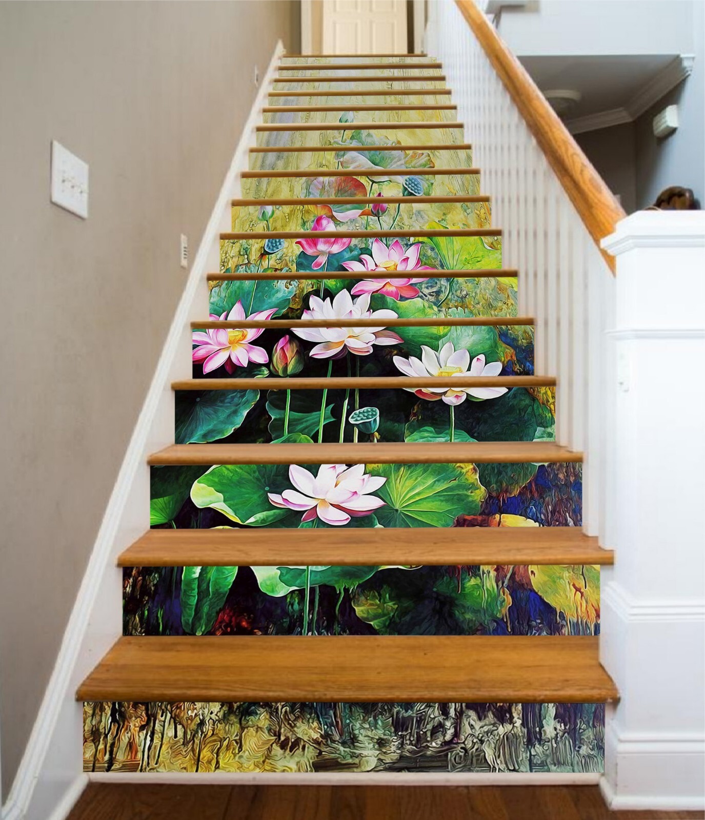3D Oil Painting Lotus AZ933 Stair Risers Decoration Mural Vinyl Wallpaper Kay