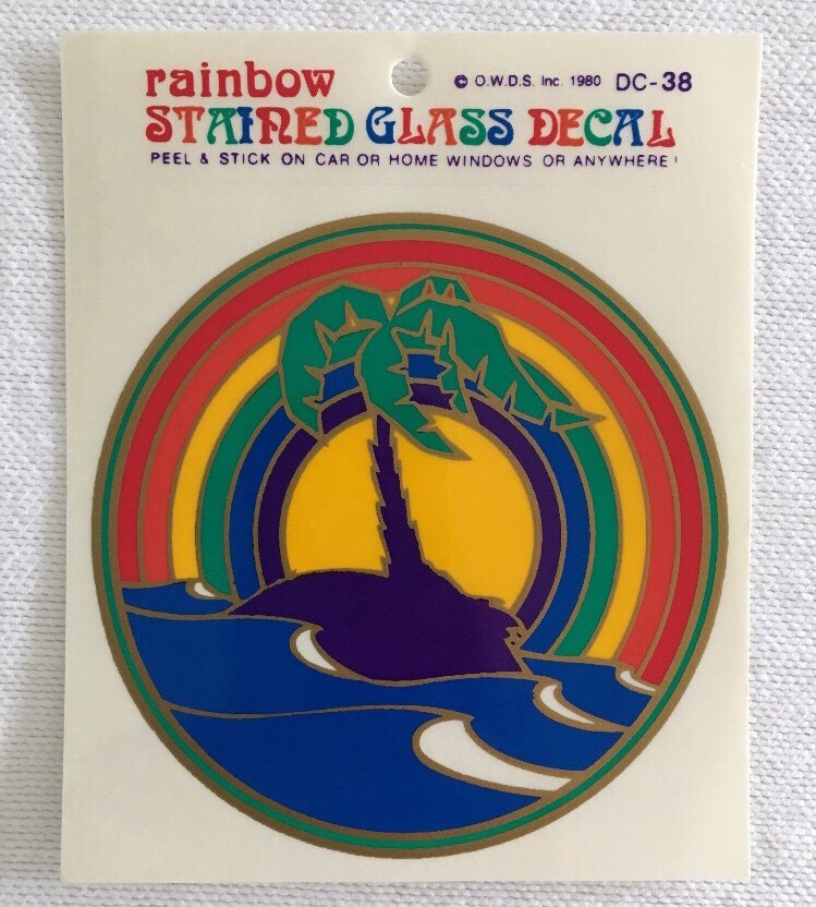 Stained Glass Decal Palm Tree Ocean Rainbow Window Sticker Car Home Vintage 1980