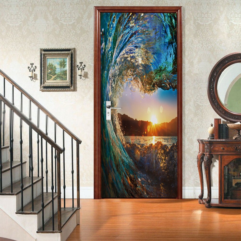 Door, Wall STICKER – Sea Wave Sunset Scenery 3D Waterproof Murals Decal Cover
