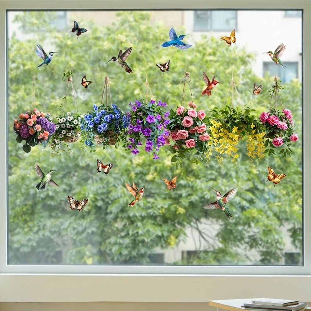 Floral Basket Birds Butterfly Static Cling Window Stickers Easy to Reposition