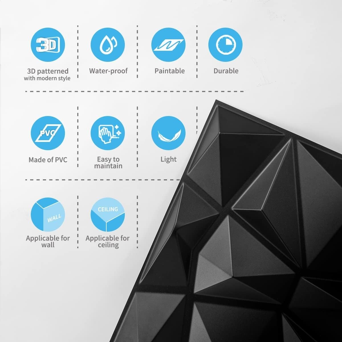 Elegant 3D Diamond Wall Panels – Matte Black, Art Deco Design, 33 Pack