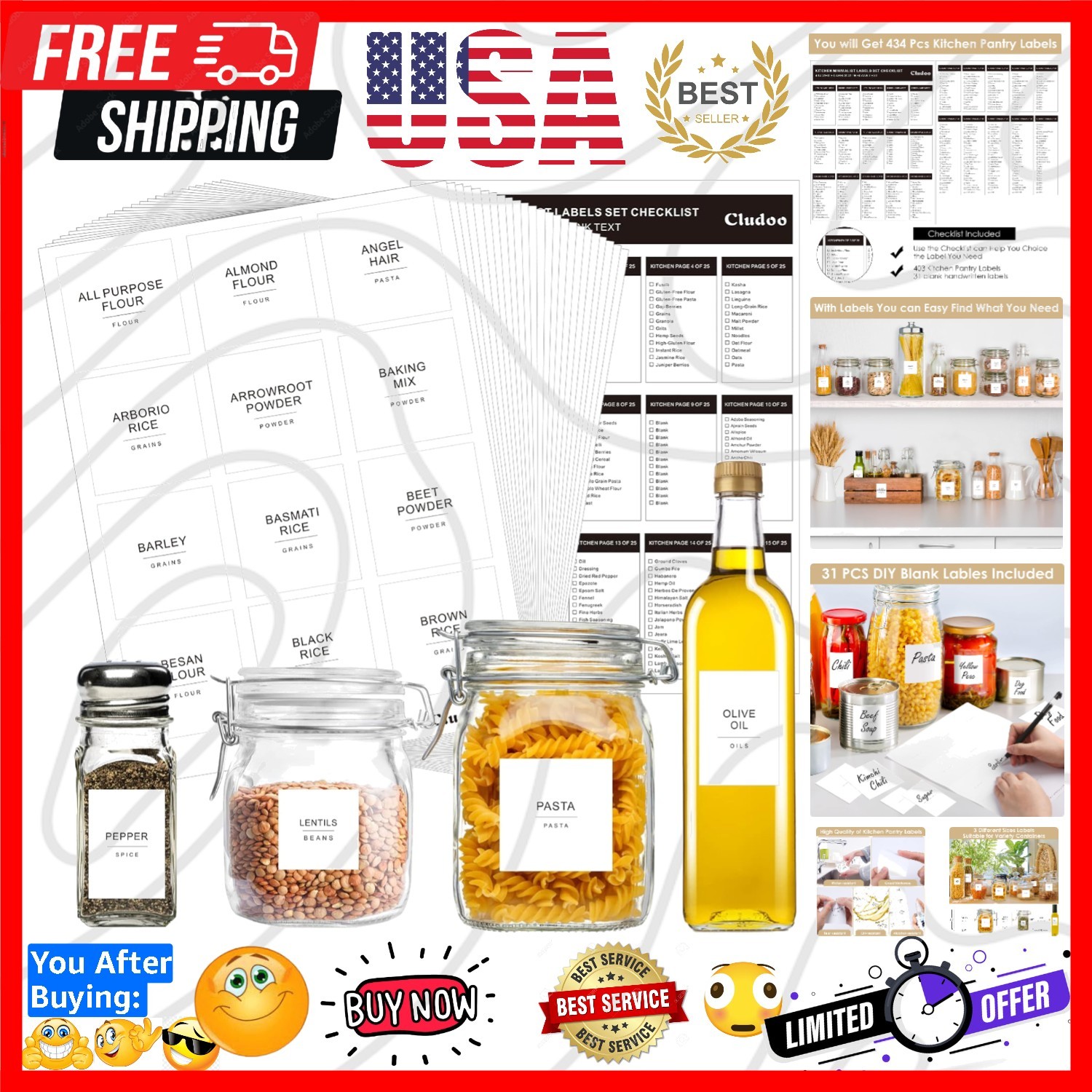 434 Pcs Minimalist Waterproof Kitchen Labels – Perfect for Home Organization