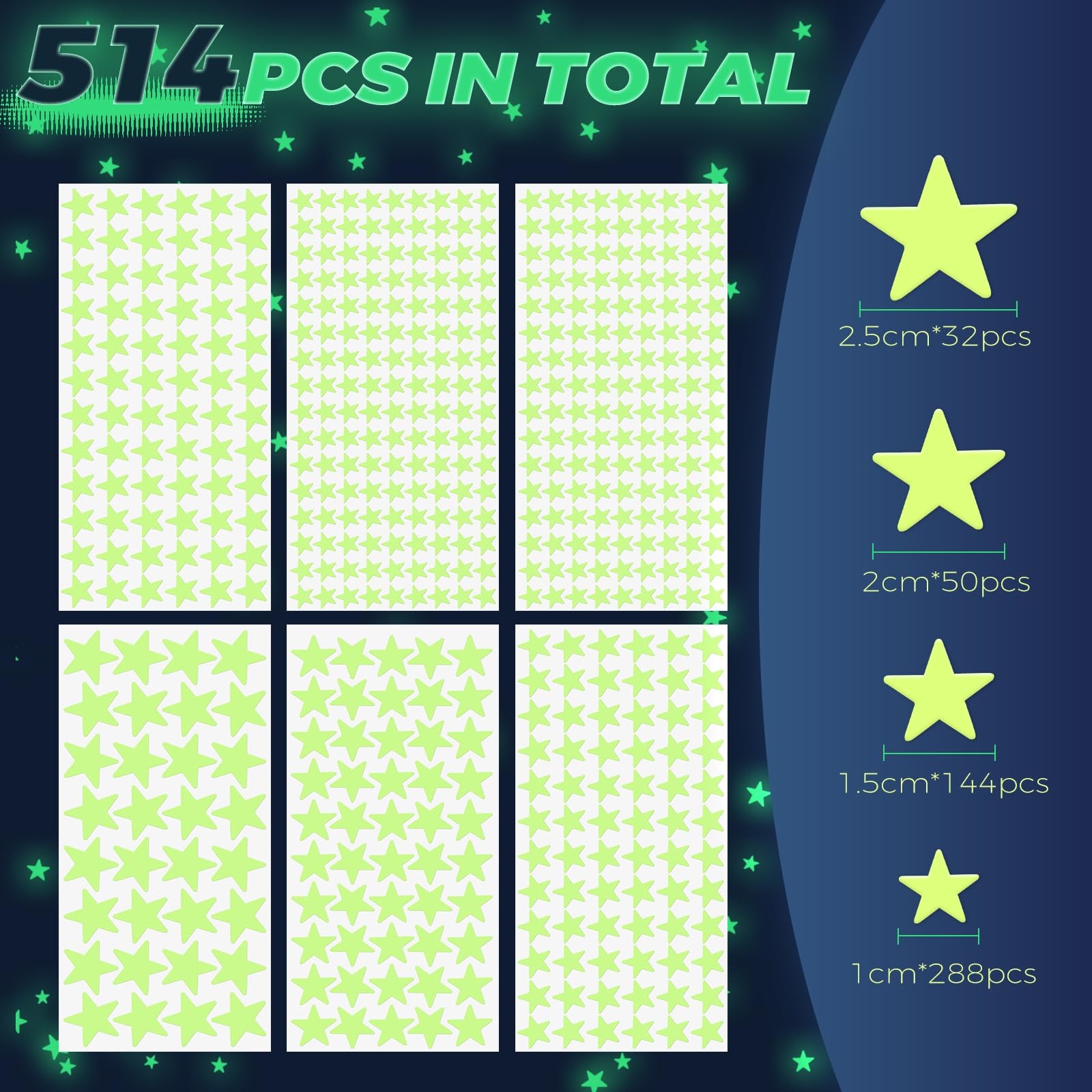 Glow in The Dark Stars Stickers for Ceiling, 514Pcs 3D Room Wall Decor Ceiling S