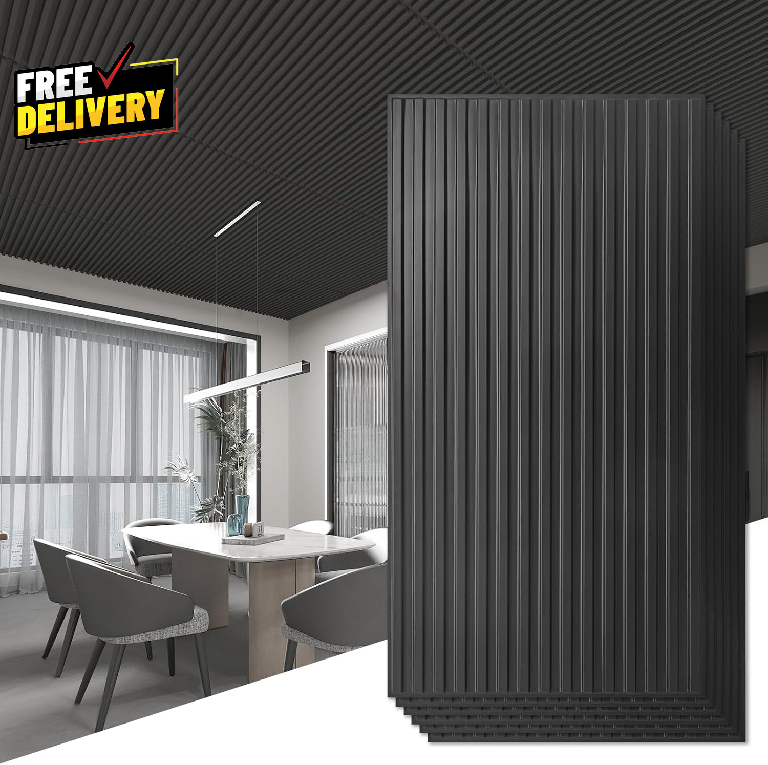 6 Pack 3D Slat Wall Panels 2x4ft PVC Decorative Ceiling Tiles Black