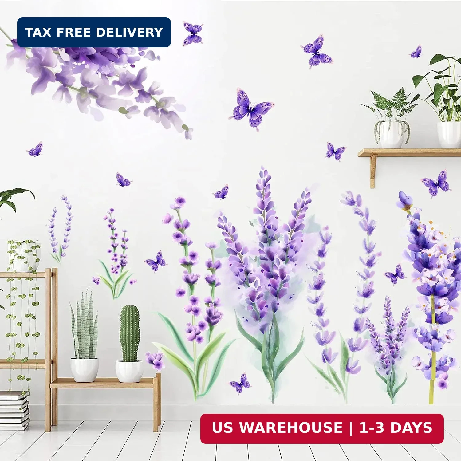 Removable Purple Lavender Wall Decals Purple Flowers Butterfly Wall Stickers DIY